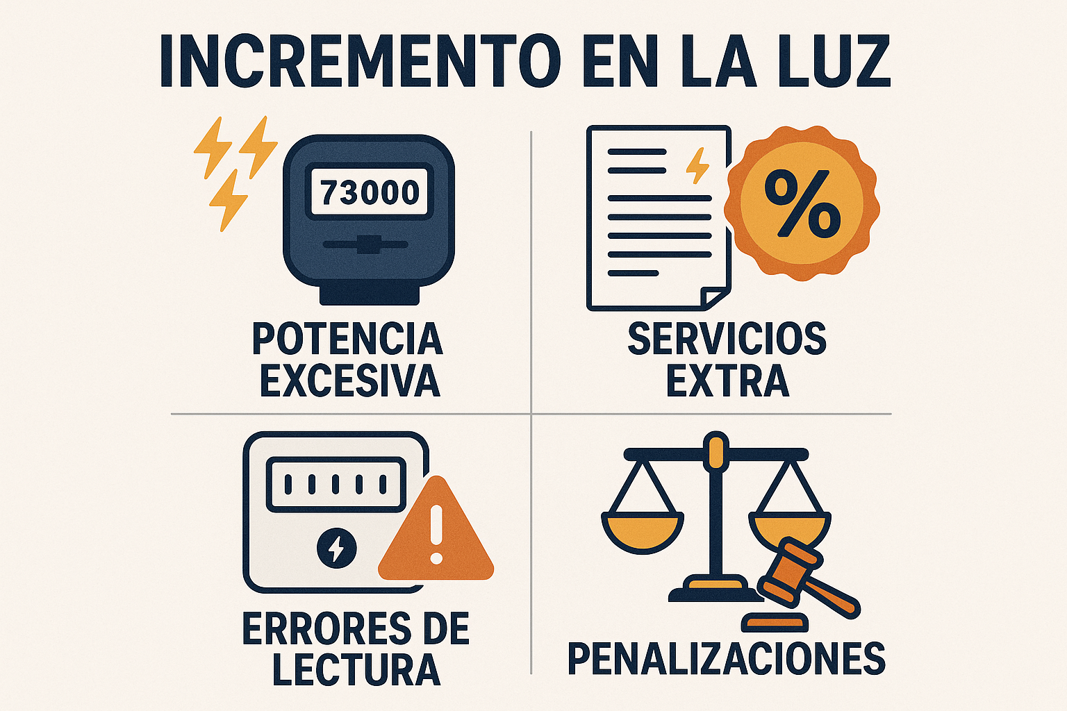 Infografía que resume los 4 errores comunes para reclamar una factura de la luz: potencia excesiva, servicios extra, errores de lectura y penalizaciones.