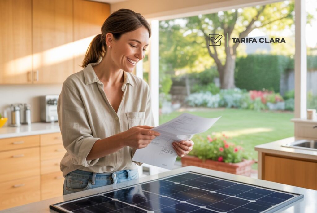 Mujer sonríe con satisfacción al revisar su baja factura de la luz en Madrid, con un panel solar sobre la mesa, demostrando el ahorro energético posible al eliminar el consumo fantasma.