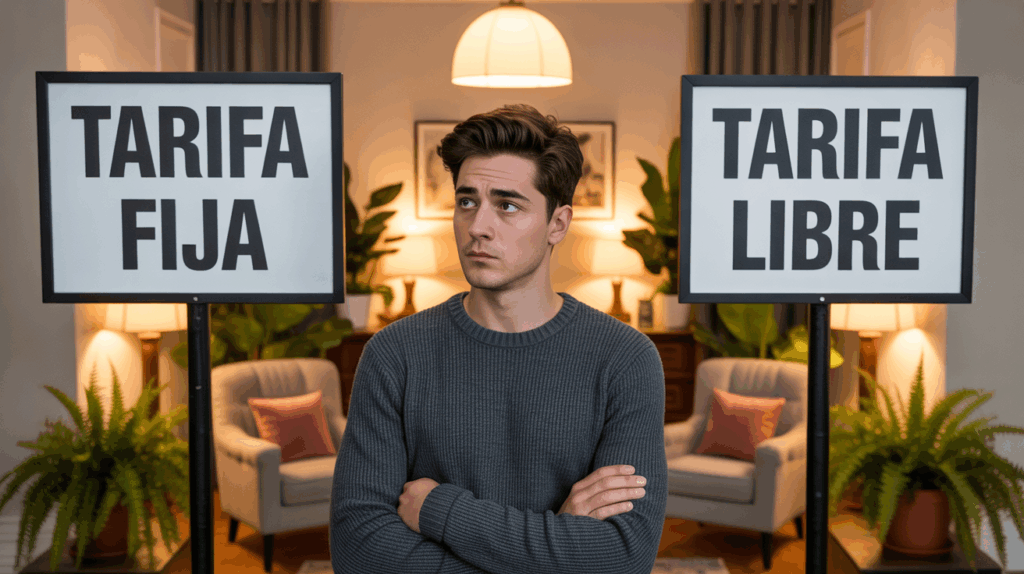Hombre indeciso tratando de elegir la mejor tarifa de luz, de pie entre un cartel de 'Tarifa Fija' y otro de 'Tarifa Libre', representando la duda entre el mercado libre y el regulado.