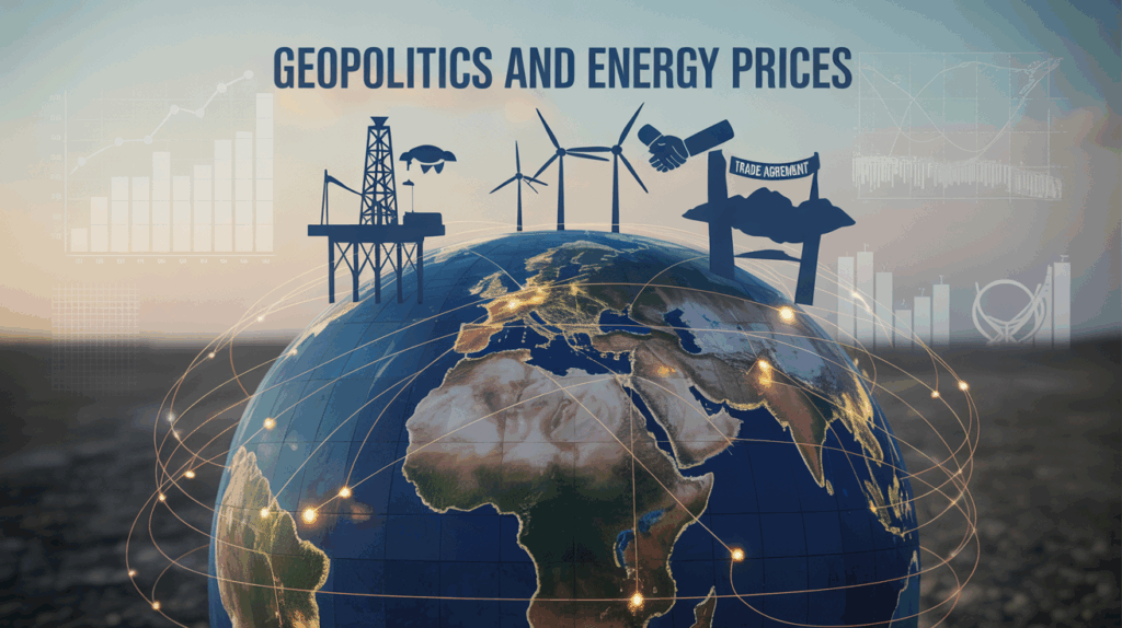 Un globo terráqueo con elementos que simbolizan la geopolítica y la energía: una plataforma petrolera, turbinas eólicas, un acuerdo comercial y gráficos financieros, bajo el título "GEOPOLITICS AND ENERGY PRICES".