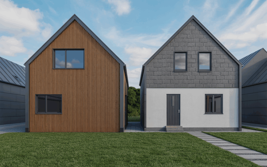 Fachadas de dos casas modernas con diferentes revestimientos (madera y pizarra), ejemplificando la variedad de acabados posibles para un buen aislamiento térmico para ahorro.