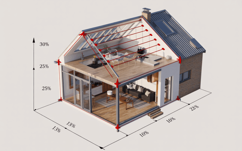 Infografía en corte transversal de una casa mostrando los porcentajes de pérdida de calor por el techo (30%), paredes (25%), y ventanas (13%), destacando la necesidad de aislamiento térmico para ahorro.