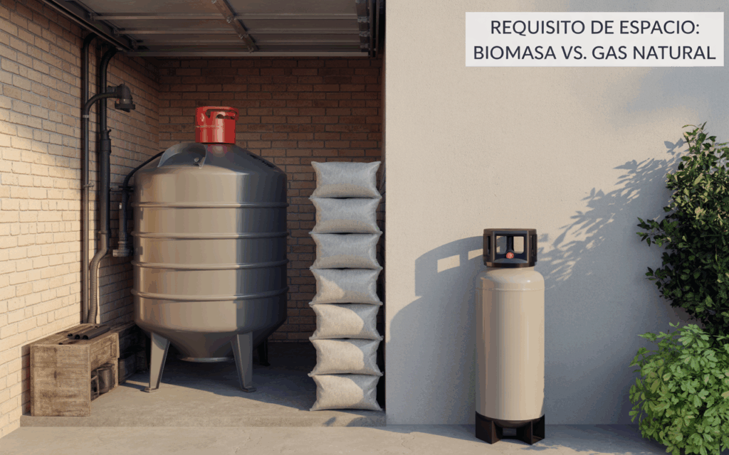 Comparativa visual del espacio de almacenamiento necesario para la biomasa alternativa sostenible, mostrando un silo y sacos de pellets, frente a un depósito de gas natural.