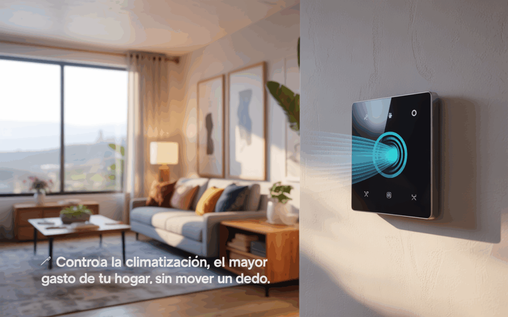 Primer plano de un termostato inteligente moderno en una pared, con un gráfico de ondas de sonido, y un salón de fondo, mostrando el control de la climatización para la gestión energética con asistentes de voz.