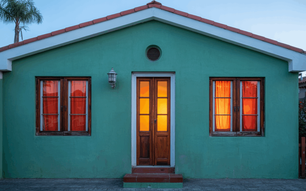 Fachada de una casa antigua con ventanas y puerta de madera, ilustrando el potencial de mejora con ventanas de alto rendimiento para evitar la pérdida de calor.